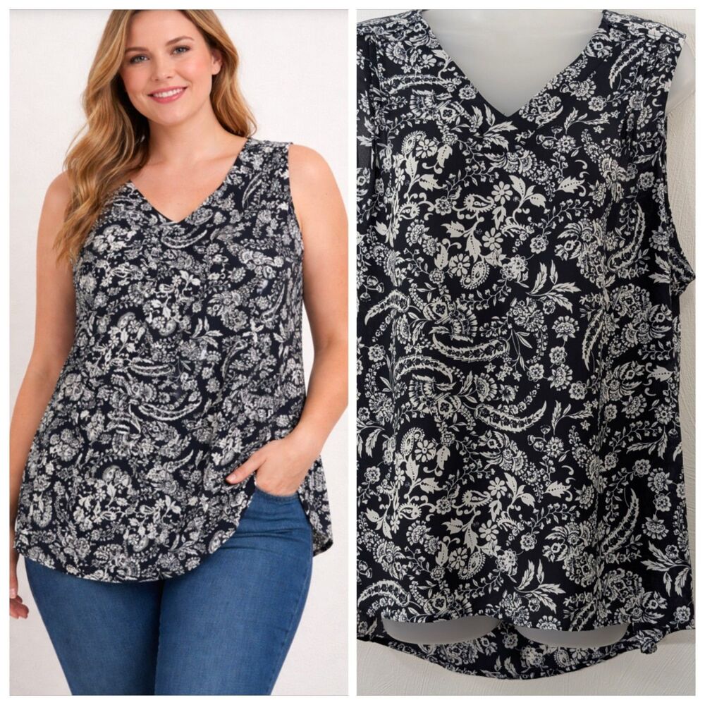 Vintage Pleione Large Blouse Sleeveless Breezy Comfort Floral Paisley Retro USA